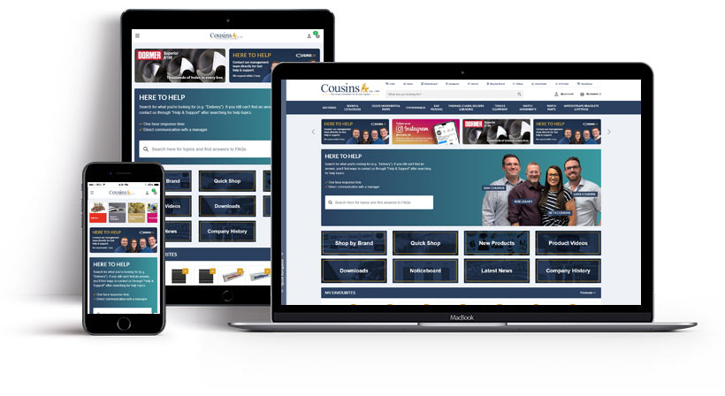 Screenshots showing the Cousins homepage on multiple devices