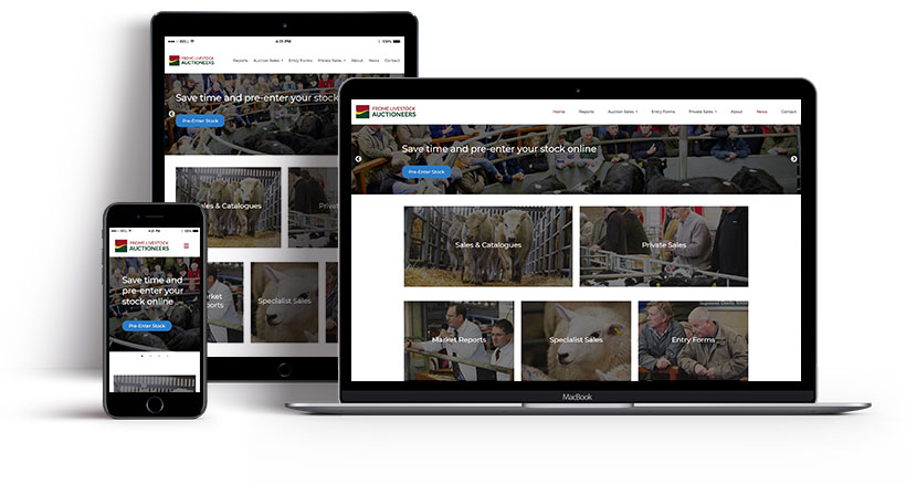 Screenshots showing the Frome Livestock Market homepage on multiple devices