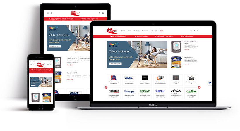 Screenshots showing the Paint Direct homepage on multiple devices