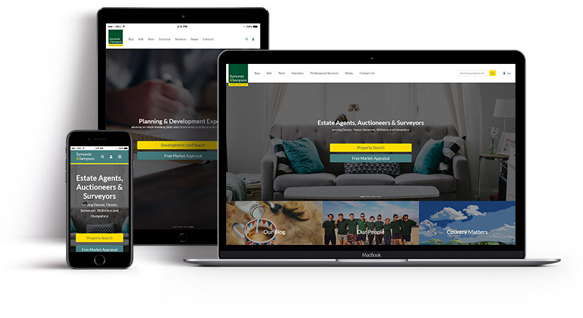 Screenshots showing the Symonds & Sampson homepage on multiple devices