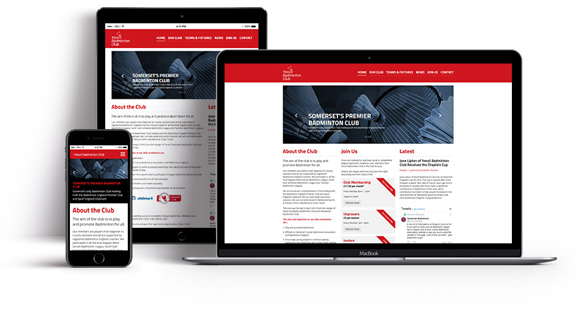 Screenshots showing the Yeovil Badminton Club homepage on multiple devices